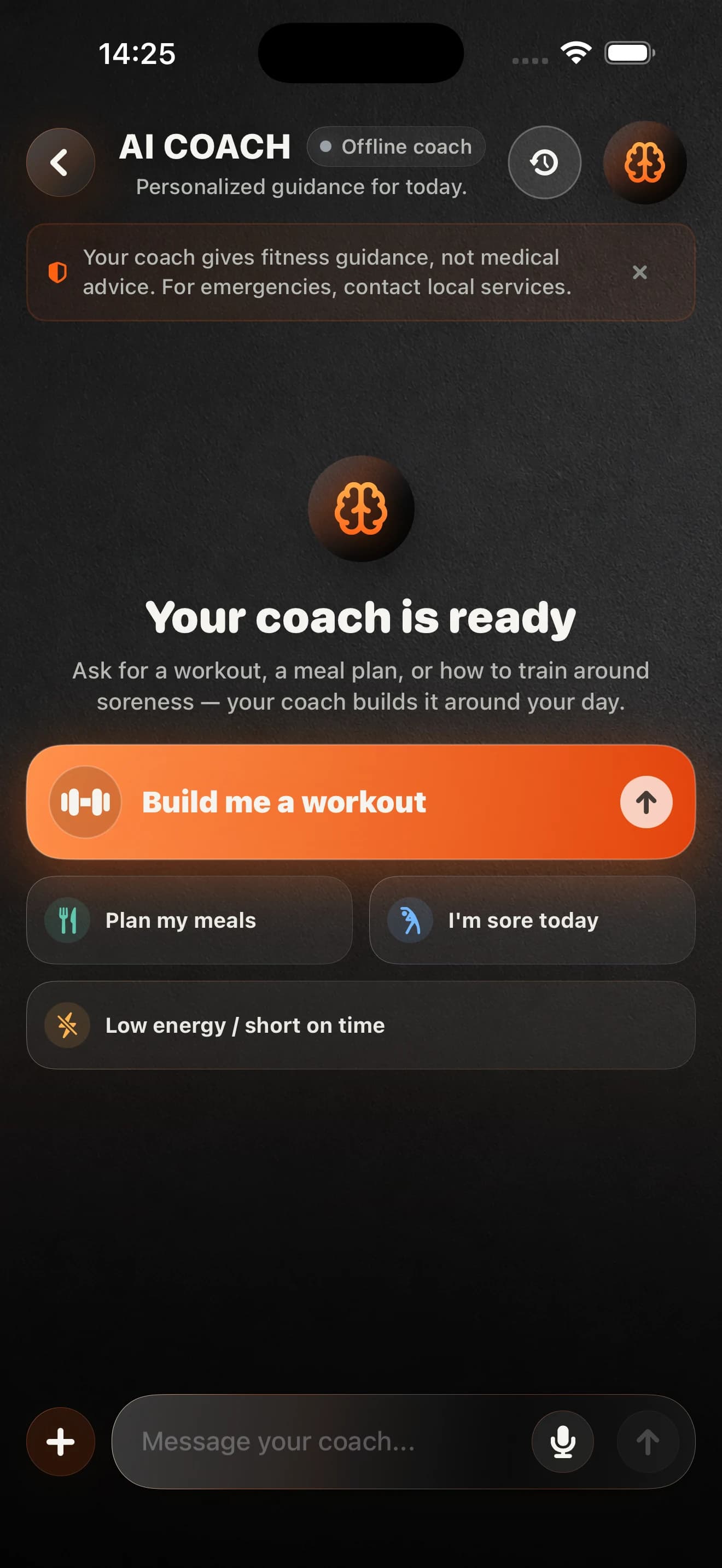 PrimeFormAI coaching screen offering a short-on-time pathway