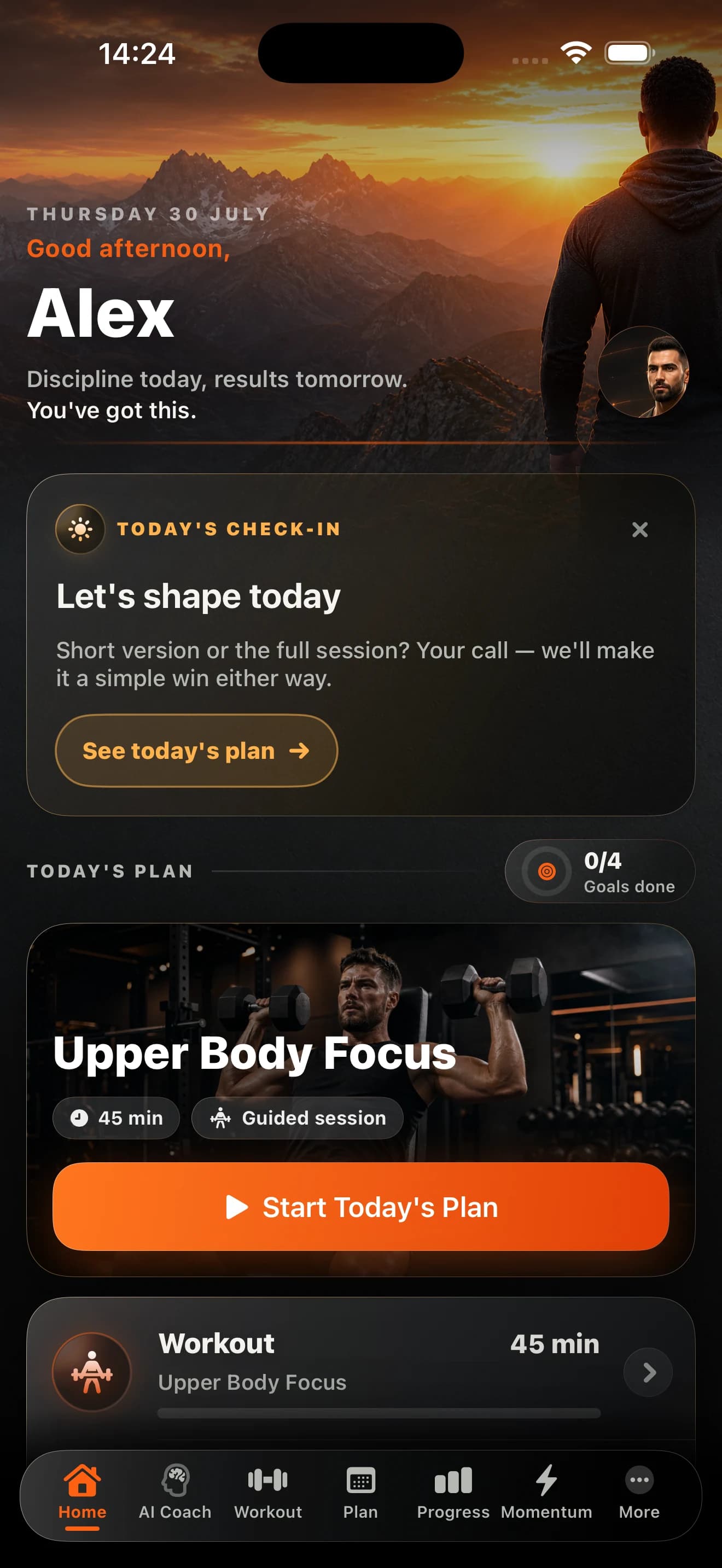 PrimeFormAI iPhone dashboard showing a daily plan with training, steps, protein, and water